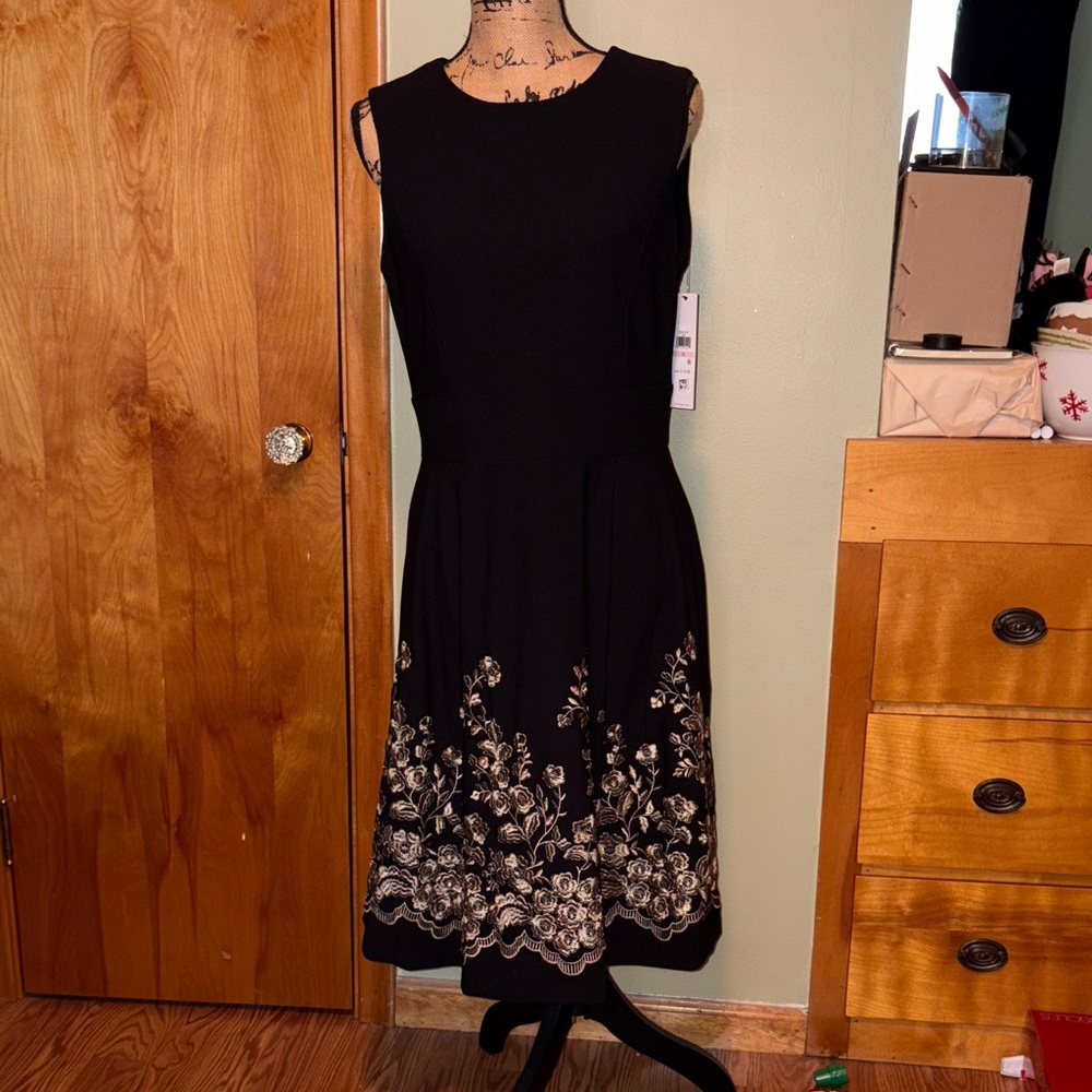 Calvin Klein Black Midi Dress with Silver Floral Accents